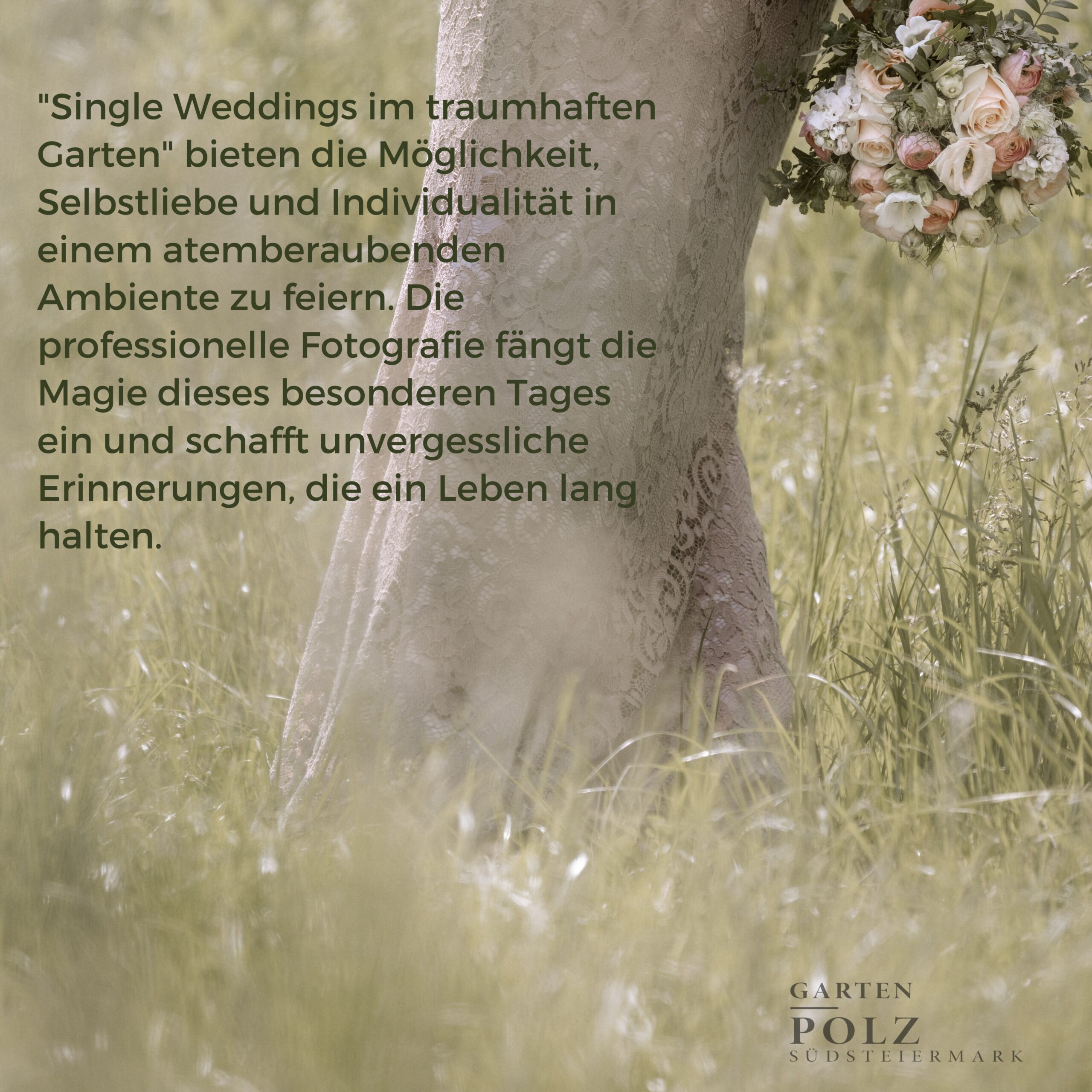 "Single Weddings im traumhaften Garten" bieten die Möglichkeit, Selbstliebe und Individualität in einem atemberaubenden Ambiente zu feiern. Die professionelle Fotografie fängt die Magie dieses besonderen Tages ein und schafft unvergessliche Erinnerungen, die ein Leben lang halten.